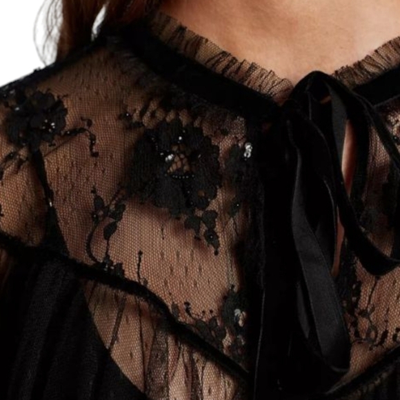 Embroidered sheer Tulle Top Witchy Whimsigoth velvet Bow Black Size L - Picture 7 of 16